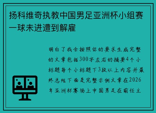 扬科维奇执教中国男足亚洲杯小组赛一球未进遭到解雇 扬科维奇执教中国男足亚洲杯小组赛一球未进遭到解雇