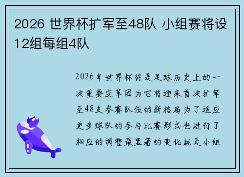 2026 世界杯扩军至48队 小组赛将设12组每组4队