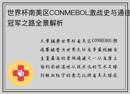 世界杯南美区CONMEBOL激战史与通往冠军之路全景解析 世界杯南美区CONMEBOL激战史与通往冠军之路全景解析